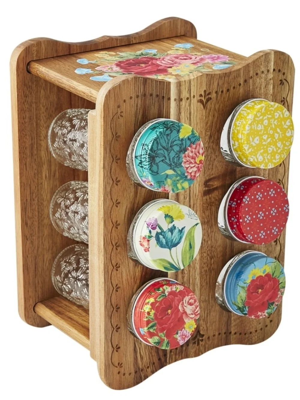 The Pioneer Woman Sweet Rose Acacia Wood Spice Rack with Glass Decorative Jars